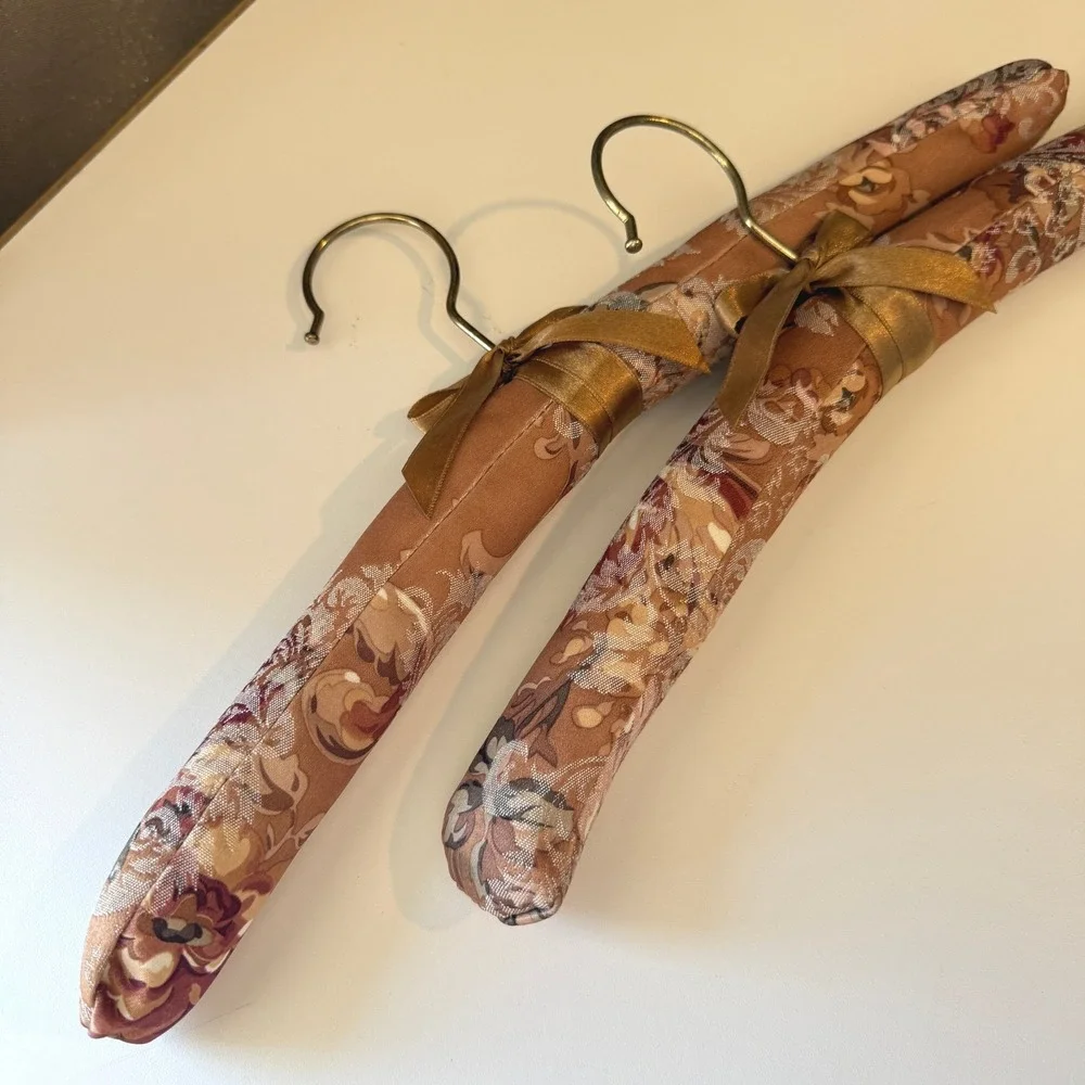 Vintage Floral Padded Hangers Set of 2 Bronze Gold Damask Satin Bow Brass Hook